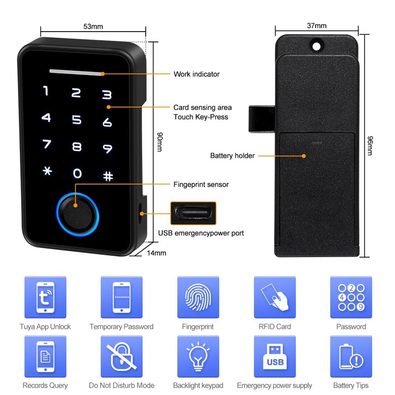 JASAG Tuya Smart APP Fingerprint Drawer Lock Cabinet Door Lock,