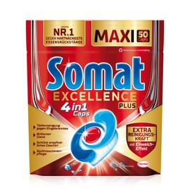 Somat Excellence Plus 4-in-1 Caps (50 Caps), Dishwasher Tablets in 100% Water-Soluble Case, Somat Caps with Extra Cleaning Power* and Soaking Effect, Recyclable