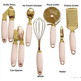 White & Gold Kitchen Tools and Gadgets - Luxe 7PC Cooking Tools and Gadgets with Anti-Slip Handles, Utensils Set, Gold Kitchen Accessories,Premium Kitchen Gadget Set (Champagne gold & pink)