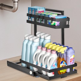 LBTING Under Sink Organizer, 2 Tier L-Shaped Metal Kitchen Cabinet Organizer with Pull Out Sliding Drawer, Multi-Functional Storage for Bathroom Kitchen – Black