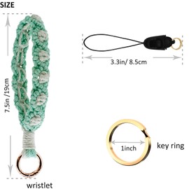 BIHRTC Boho Macrame Wristlet Keychain Handmade Keyring Bracelet Wrist Lanyard for Women Car Keys Holder, Light Green White, 11inch