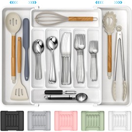 ukeetap Extra Large Expandable Silverware Organizer, BPA-Free Food-Safe Cutlery Flatware Organizer, Kitchen Utensil Drawer Organizer, Adjustable Silverware Holder for Spoons Forks Knives, White