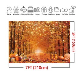 MAQTT 7x5ft Thanksgiving Photography Backdrop Autumn Pumpkins Harvest Backdrop for Party Supplies Glitter Natural Scenery Maple Leaves Background Thanksgiving Party Decoration