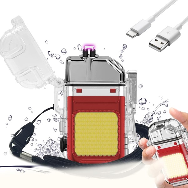 TIKIUKI - Encendedor eléctrico con iluminación LED, multifuncional, resistente al viento, impermeable, recargable por USB, para senderismo, senderismo, campamento (rojo)