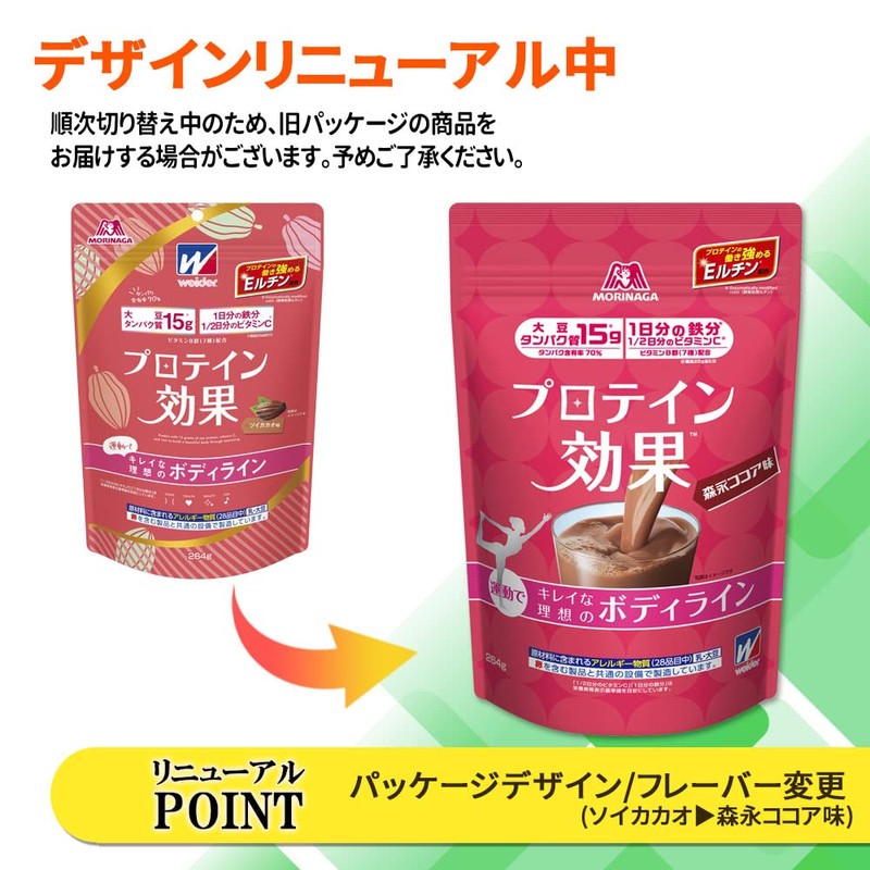 ウイダー プロテイン効果 森永ココア味 264g (約12回分) ソイプロテイン ボディメイク用プロテイン 1日分の鉄分 1/2日分のビタミンC プロテインの働き強めるEルチン配合