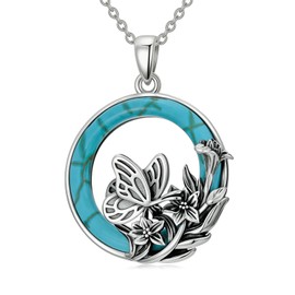 DOLIOX Genuine Turquoise Necklace for Women Butterfly Pendant 925 Sterling Silver Circle Real Turquoise Native American Western Jewelry for Wife Mom
