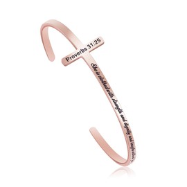 Memgift She Is Clothed With Strength And Dignity And Laughs Without Fear Of The Future Proverbs 31:25 Inspirational Bracelets for Women Bible Verse Rose Gold Cross Bracelet Gift