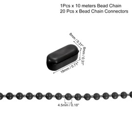 sourcing map 10 Metres/10.94 Yard Plastic Blind Bead Chain with 20 Pieces Chain Connectors for Bead Roller Blinds Black