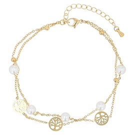 Akzent Fußkette Damen Edelstahl 2-reihig 21,5+5 cm verstellbar – Fußkettchen mit Kunstperlen & Lebensbaum-Anhängern, ionenplattiert