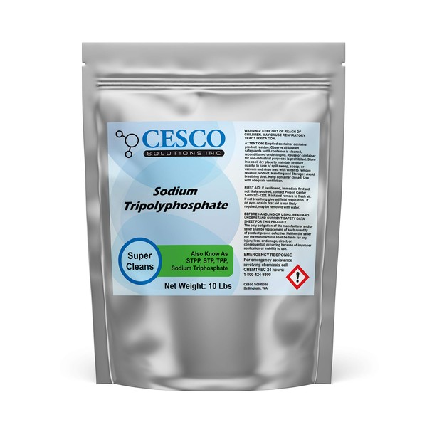 Cesco Solutions - Sodium Tripolyphosphate STPP TPP STP - Tech Grade -Light Dense, alkaline builder, increases ph, dual function cleans and chelates, all purpose cleaner (10 lbs)