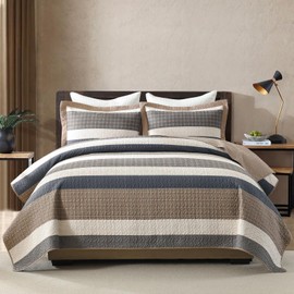 Finlonte 100% Cotton Quilt Set, Striped Farmhouse Reversible Lightweight Quilted Bedspreads, 3-Piece, Brown/Cream/Beige/Gray, King Size