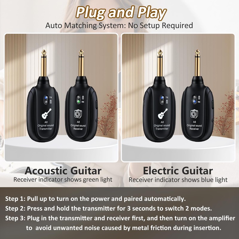 A8 Wireless Guitar Transmitter Receiver System, 2.4GHz Rechargeable, 24-bit/48KHz Audio,