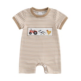 Infant Baby Boy Romper Farm Animal Embroidery Patch Romper Jumpsuit One Piece Plaid Summer Playsuit Country Clothes (Coffee, 3-6 Months)