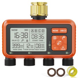 Sprinkler Timer 4 Zone with Brass Inlet Water Timer for Garden Hose Programmable Hose Faucet Controller with Independent Zone Control Custom Rain Delay Manual&Auto Watering Child Lock for Yard Lawn