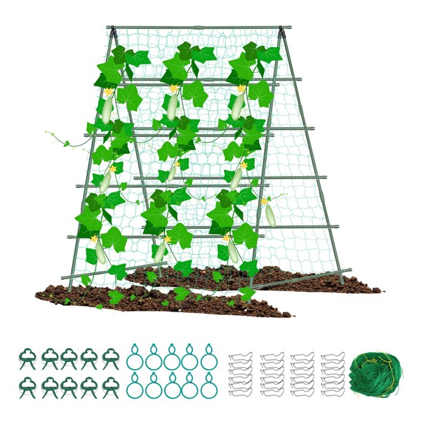 Retouhqp Cucumber Trellis Garden Trellis for Climbing Plants Outdoor Squash Trellis Foldable A-Frame Trellis, 5ft Tall Plant Cages and Supports Plant Trellis Metal Trellis with Nylon Netting, Green
