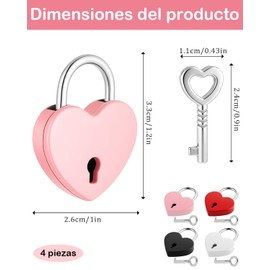 4 Candados Para Locker En Forma De Corazón, Cerradura De Amor Para Diario y Joyero, Ideal Para Diarios, Cajas De Joyería y Equipaje Pequeño (Negro, Blanco, Rojo y Rosa, 30x39 Mm)