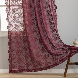 YJ YANJUN Dark Lace Maroon Curtains 72 Inch Length for Bedroom Retro Vintage Floral Voile Curtains Rod Pocket Privacy Modern Farmhous Sheer Curtains with Scalloped Edges 60s 70s Decor Deep Wine