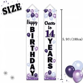 LASKYER Happy 14th Birthday Purple Door Banner - Cheers to Fourteen Years Old Birthday Front Door Porch Sign Backdrop,14th Birthday Party Decorations.