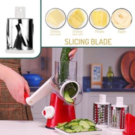 Maxceysen Rotary Cheese Grater with Handle Vegetable Shredder Round Kitchen Slicer Mandoline Grater for Vegetable, Nuts, Chocolate, Cheese, White, 3 Stainless Steel Blades