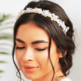 Formery Crystal Bead Headband Silver Pearl Beaded Flower Hairband Wedding Prom Party Handmade White Bead Floral Headpipece for Women and Girls