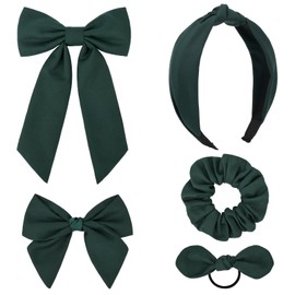 DEEKA 5 Styles Uniform Long Tail Hair Bows Knotted Headband Scrunchies Bow Set Alligator Clips Back to School Accessories for Toddler Little School Girls (Hunter Green 5 Styles)