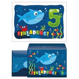 6 Invitation Cards with 6 Envelopes for 5th Children's Birthday Boys Girls Shark Invitations for Birthday
