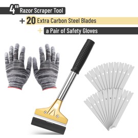 Bates- Razor Blade Scraper Tool, 4 Inch, Floor Razor Scraper Tool with 20 Extra Carbon Steel Blades and a Pair of Safety Gloves