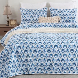 DAUAOTO 100% Cotton Quilt Set Queen Size, Farmhouse Bed Coverlet Reversible Bedspread, Block Print Blue Pattern