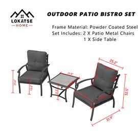 LOKATSE HOME 3 PCS Outdoor Patio Bistro Set, 2 Metal Chairs with Thick Cushion and Coffee Side Table for Backyard Deck Lawn Garden