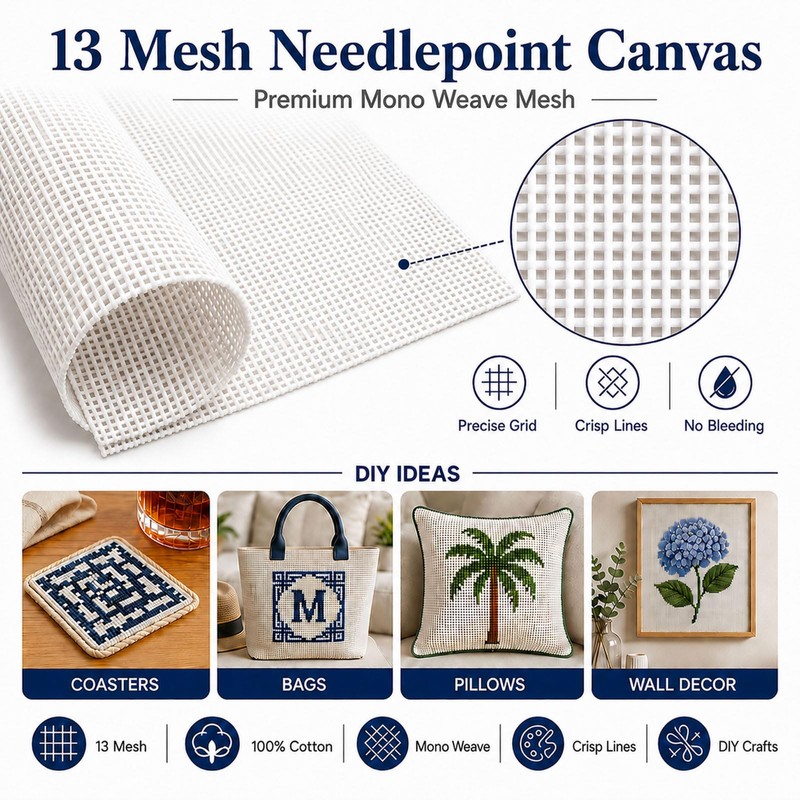 13 Mesh Needlepoint Canvas for Stitching: Rolled Mono Canvas Crease-Free