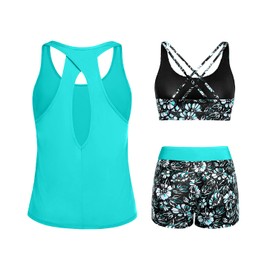 Tempt Me Aqua Blue Floral 3 Piece Tankini Swimsuits for Women Athletic Bathing Suits Swim Tank Top with Boy Shorts and Bra Modest Swimwear S