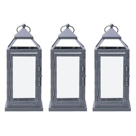 Elements Metal Lanterns with LED Candles, Set of 3, 5.2x5.2x12 Inch, Gray