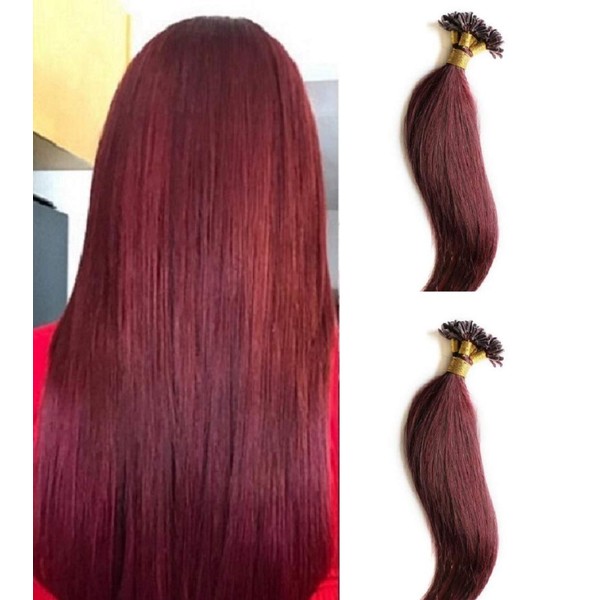 Hair Faux You 22" Remy Straight Pre bonded Keratin U Tip Human Hair Extensions 100 grams 100 strands Per Package Color #99J Burgundy Red Wine