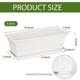 HOXHA Window Box Planter, Plastic Vegetable Flower Planter Boxes with Tray, Rectangular Indoor and Outdoor Flower Pots for Windowsill, Patio, Porch, Garden Balcony (White 6 pack)