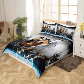 Feelyou Horse Duvet Cover Galloping Horse Bedding Set for Kids Boys Girls Wildlife Comforter Cover Farm Animal Bedspread Cover 1 Duvet Cover with 2 Pillowcases Queen Size (No Comforter)