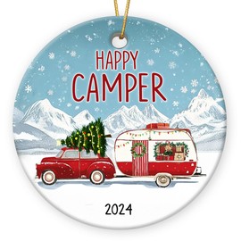 Gift Glow Happy Camper Decor 2024 Christmas Ornament - Gifts for Camping Enthusiasts, Winter Decorations for Home, Camper Christmas Decorations, Gifts for Campers, Ceramic Christmas Ornament