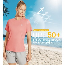 Women's Short Sleeve T-Shirts UPF 50+ Sun Protection Quick Dry Athletic Running Workout Tops Coral L