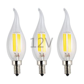 OPALRAY LED Candelabra Bulb, 12V Low Voltage Input, 4W 400Lm, 40W Incandescent Replacement, 4000K Natural White Light, Dimmable with DC Dimmer, Clear Glass Flame Tip, 12V-24V DC Operated, 3 Pack