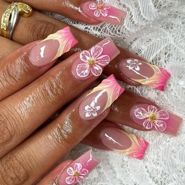 24 Pcs French Tip Press on Nails Long Coffin Pink Flower Fake Nails 3D Floral Design False Nail Tips Full Cover Glue on Nails Gradient Artificial Nails for Women Girl Nail Decoration