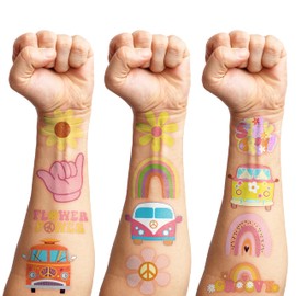 96PCS One Two Groovy 60s 70s Temporary Tattoos Birthday Theme Party Supplies Decorations Favors Decor Cute Retro Boho Hippie Rainbow Bus Tattoo Stickers Gifts for Kids Boys Girls Class Prizes Carnival