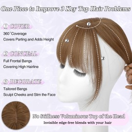 BUPPLER Hair Toppers for Women Real Human Hair-360°3D Topper with Bangs for Thinning Hair Clip in Bangs with Upgraded Silk Base Perfect for Daily Wear,4×6 Light Brown-6#