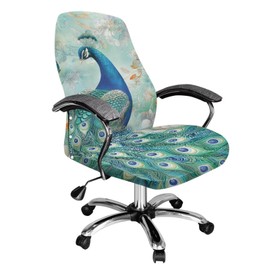 Xoenoiee Elegant Peacock Floral Print Office Chair Covers, Stretch Computer Boss Chair Cover with Button High Back Chair Slipcover Anti-Dust Rotating Chair Cover for Home Office, Large
