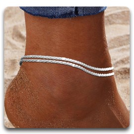 DOA Adjustable Women's Anklets, Double Layered Ankle Bracelets for Women, Beach Anklet, 925 Silver Plated Anklets for Women