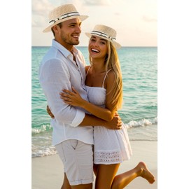 BABYOND Mens Brim Boater Hat Gatsby Straw Panama Hat Fedora Summer Beach Sun Hat 20s Costume Accessories White Black