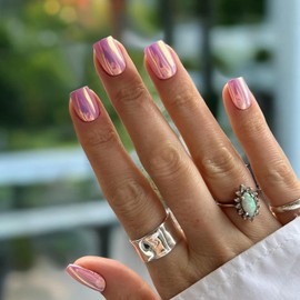 Pink Chrome Square Press on Nails Short,SXVME Metallic Fake Nails Acrylic Press ons,Mirror Metal Chrome Nails Glue on Nails Short Coffin Nails False Nail with Design in 24 PCS