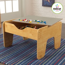 KidKraft Reversible Wooden Activity Table with Board with 195 Building Bricks – Gray & Natural, Gift for Ages 3+