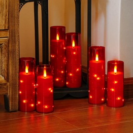 Yeelida Red Flameless Candles with Remote and String Light, 2.2"x 5",5",6",7",7",8" LED Battery Operated Plastic Flickering Timer Pillar Candles(Pack of 6,Turn On/Off String Light Mode)