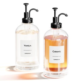 16.9 oz/500 ml Coffee Syrup Dispenser Set - 2 Glass Bottles with Black Pumper and Syrup Labels - Precise Dispensing and Stylish Addition to Coffee Shop, Cafe or Home Bar