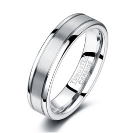 TUNGSTORY Mens Tungsten Wedding Bands Silver Rings 6mm Double Groove Wedding Rings with Brushed Finish Comfort Fit Jewelry Gift for Him Size 9