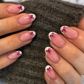 White French Tip False Nails with Red Bow Glue on Nails Medium Oval Press on Nails Glossy Artificial Acrylic Nails Reusable Fake Nails for Women Girls Stick on Nails